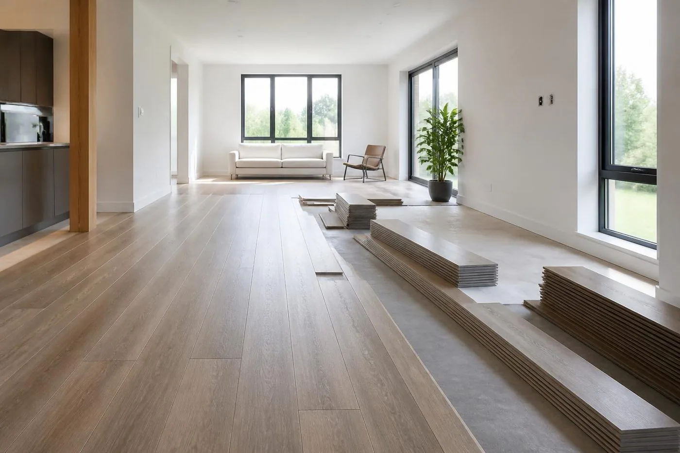 Wide-plank luxury vinyl flooring being installed in a bright open-concept living room